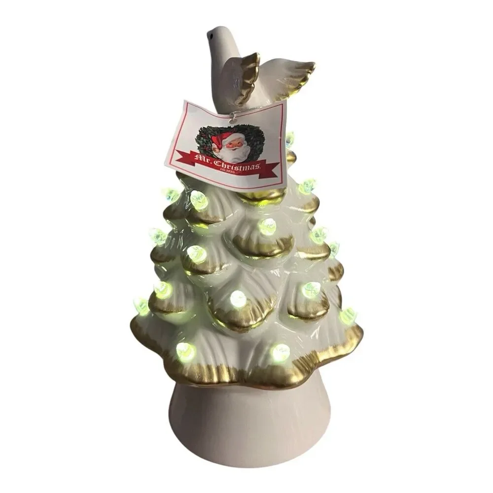 Mr Christmas Ceramic Christmas Tree Peace on Earth White Dove Lit Timer 8.5 x 5
